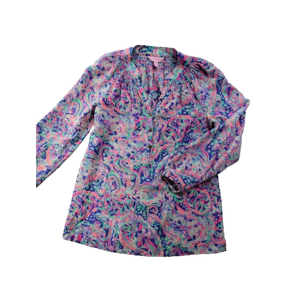 Lilly Pulitzer Elsa 100% Silk Blouse Multi La Playa Women's XXS Beachy Resort